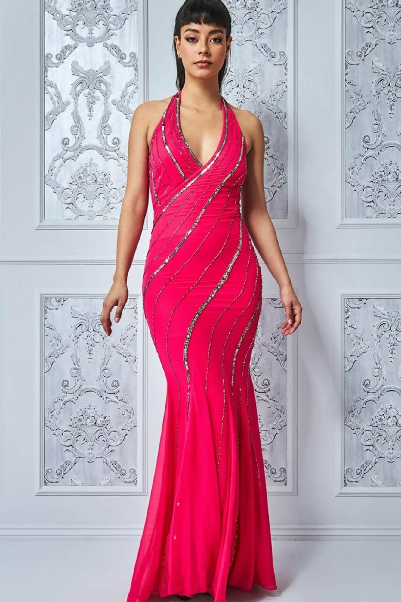 Maxi Dresses^* Sequin Halter Neck Maxi Dress Cerise