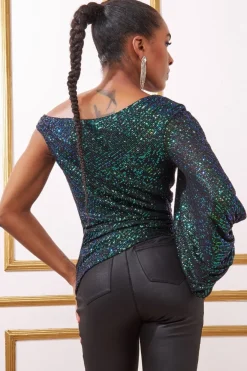 Blouses^* Asymmetric Sequin Balloon Sleeve Top Emerald