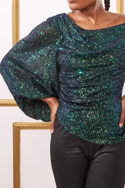 Blouses^* Asymmetric Sequin Balloon Sleeve Top Emerald