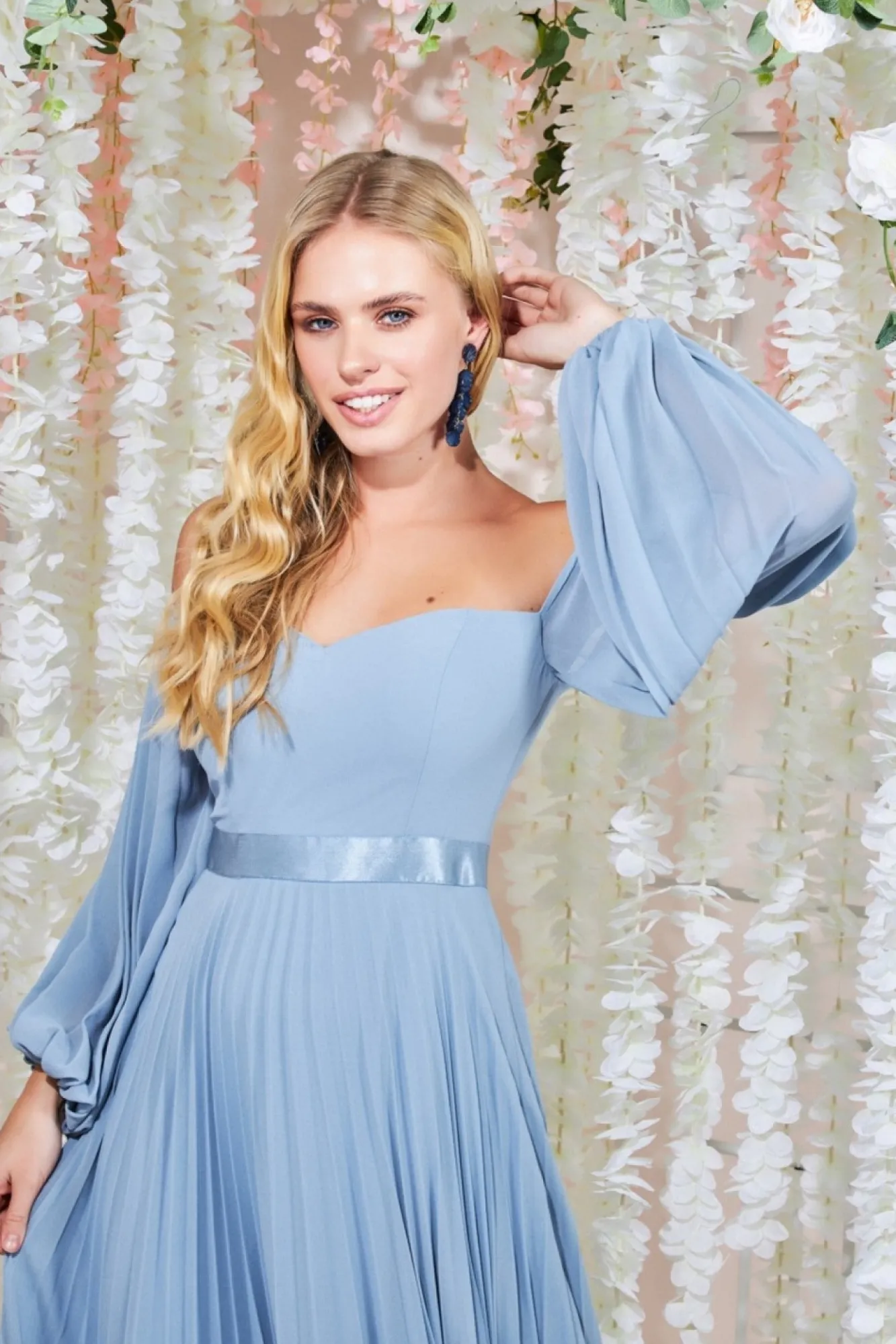 Maxi Dresses^* Bardot Chiffon Pleated Maxi Blue
