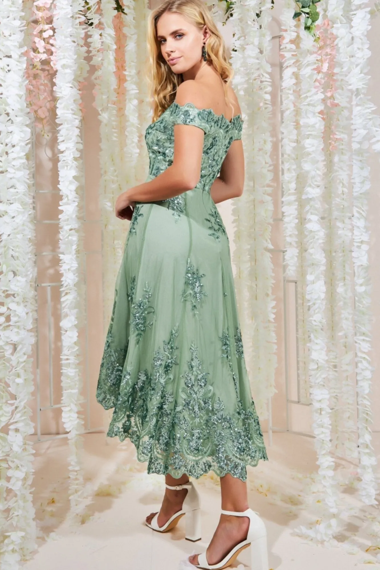 Midi Dresses^* Bardot Sequin & Lace High Low Midi Sagegreen