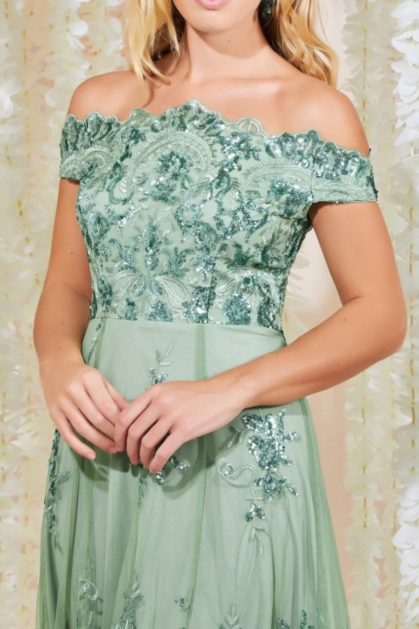 Midi Dresses^* Bardot Sequin & Lace High Low Midi Sagegreen