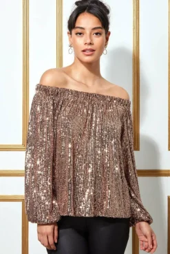 Crop Tops^* Bardot Sequin Crop Top With Cuffed Sleeves Champagne