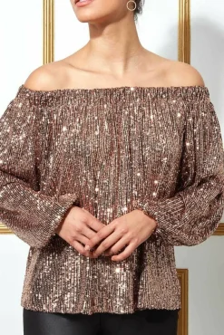 Crop Tops^* Bardot Sequin Crop Top With Cuffed Sleeves Champagne