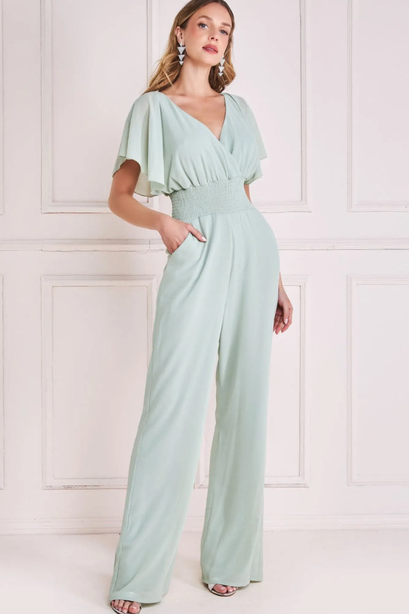 Jumpsuits^* Chiffon Jumpsuit With Flutter Sleeves - Sage Green Sagegreen