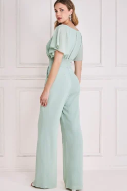 Jumpsuits^* Chiffon Jumpsuit With Flutter Sleeves - Sage Green Sagegreen