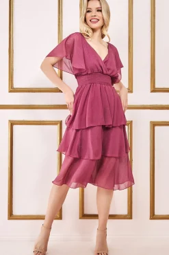 Midi Dresses^* Chiffon Layered Flutter Sleeve Midi Dress Pink