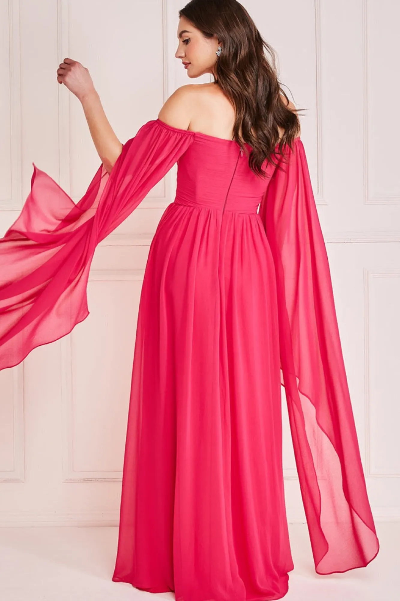 Maxi Dresses^* Chiffon Off The Shoulder Maxi With Wings - Hot Pink Hotpink