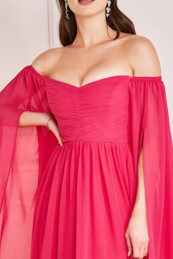 Maxi Dresses^* Chiffon Off The Shoulder Maxi With Wings - Hot Pink Hotpink