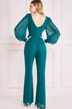 Jumpsuits^* Chiffon Puffy Sleeve Jumpsuit Emerald Green