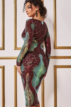 Midi Dresses^* Contrast Sequin Long Sleeve Midi Dress Wine