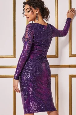 Midi Dresses^* Contrast Sequin Long Sleeve Midi Dress Purple