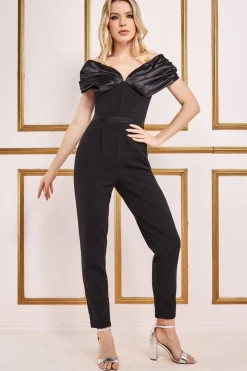 Jumpsuits^* Corset Bodice Scuba & Satin Bardot Jumpsuit Black