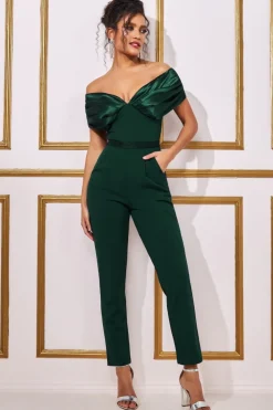 Jumpsuits^* Corset Bodice Scuba & Satin Bardot Jumpsuit Emerald
