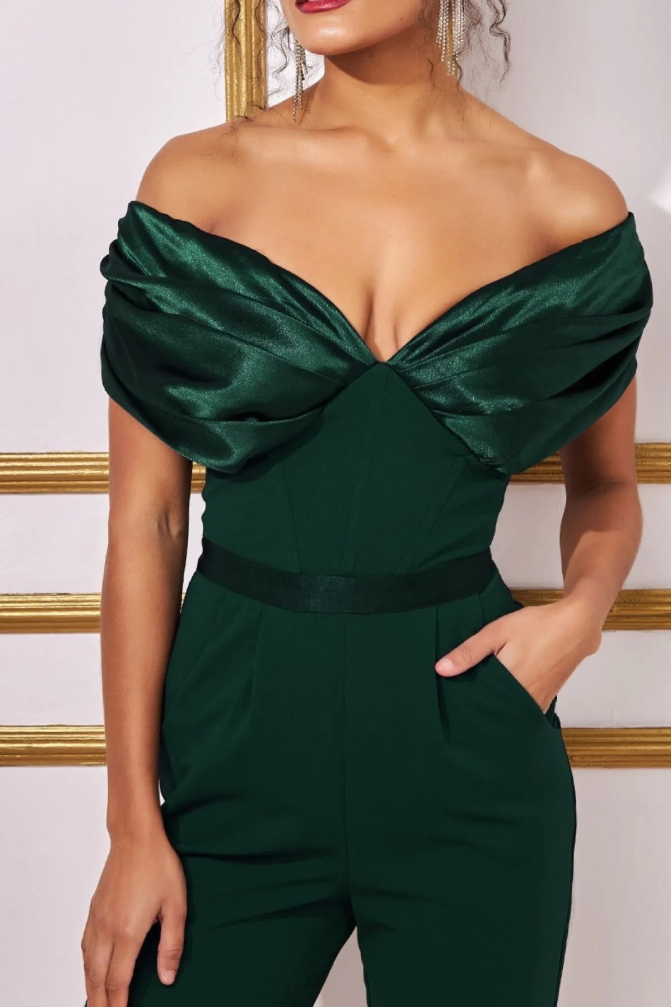 Jumpsuits^* Corset Bodice Scuba & Satin Bardot Jumpsuit Emerald