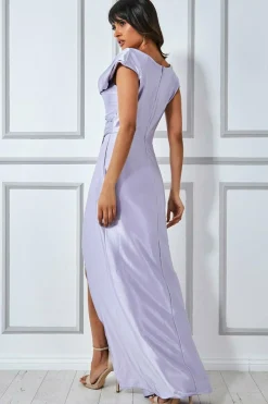 Maxi Dresses^* Cowl Neck Bardot Satin Maxi Front Split Lilac