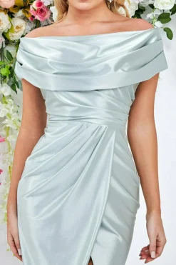 Midi Dresses^* Cowl Neck Bardot Satin Midi Front Split - Sage Green Sagegreen
