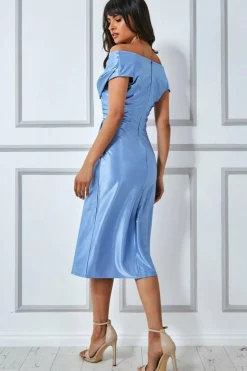 Midi Dresses^* Cowl Neck Bardot Satin Midi Front Split - Dusty Blue Dustyblue