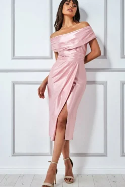 Midi Dresses^* Cowl Neck Bardot Satin Midi With Front Split Blush
