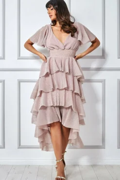 Midi Dresses^* Crinkle Lurex High Low Layered Midi Dress Blush