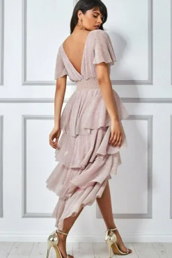 Midi Dresses^* Crinkle Lurex High Low Layered Midi Dress Blush