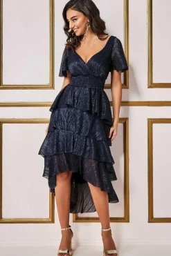Midi Dresses^* Crinkle Lurex High Low Layered Midi Dress Navy