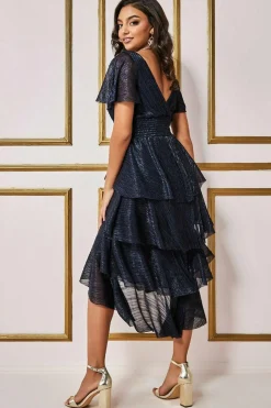 Midi Dresses^* Crinkle Lurex High Low Layered Midi Dress Navy