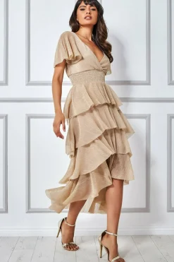 Midi Dresses^* Crinkle Lurex High Low Layered Midi Dress Gold