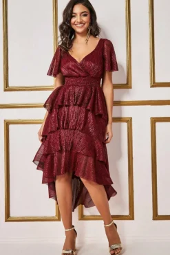 Midi Dresses^* Crinkle Lurex High Low Layered Midi Dress Wine