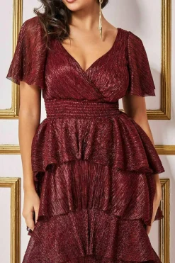 Midi Dresses^* Crinkle Lurex High Low Layered Midi Dress Wine