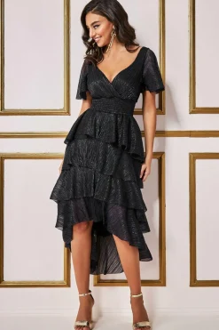 Midi Dresses^* Crinkle Lurex High Low Layered Midi Dress Black