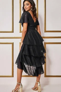 Midi Dresses^* Crinkle Lurex High Low Layered Midi Dress Black