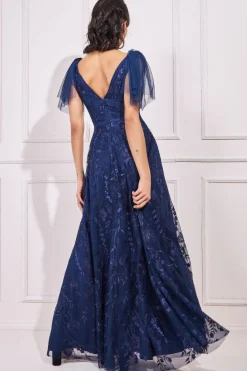 Maxi Dresses^* Embroidered Lace Maxi Flutter Sleeves Navy