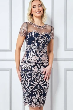 Midi Dresses^* Embroidered Mesh & Lace Midi Scalloped Hem Navy