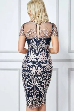 Midi Dresses^* Embroidered Mesh & Lace Midi Scalloped Hem Navy