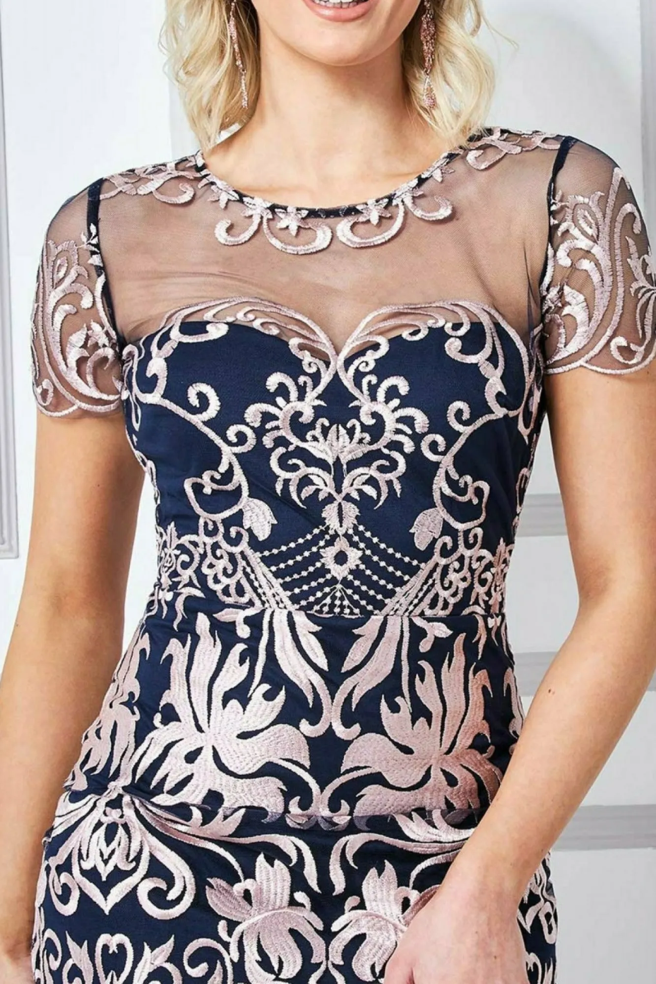Midi Dresses^* Embroidered Mesh & Lace Midi Scalloped Hem Navy