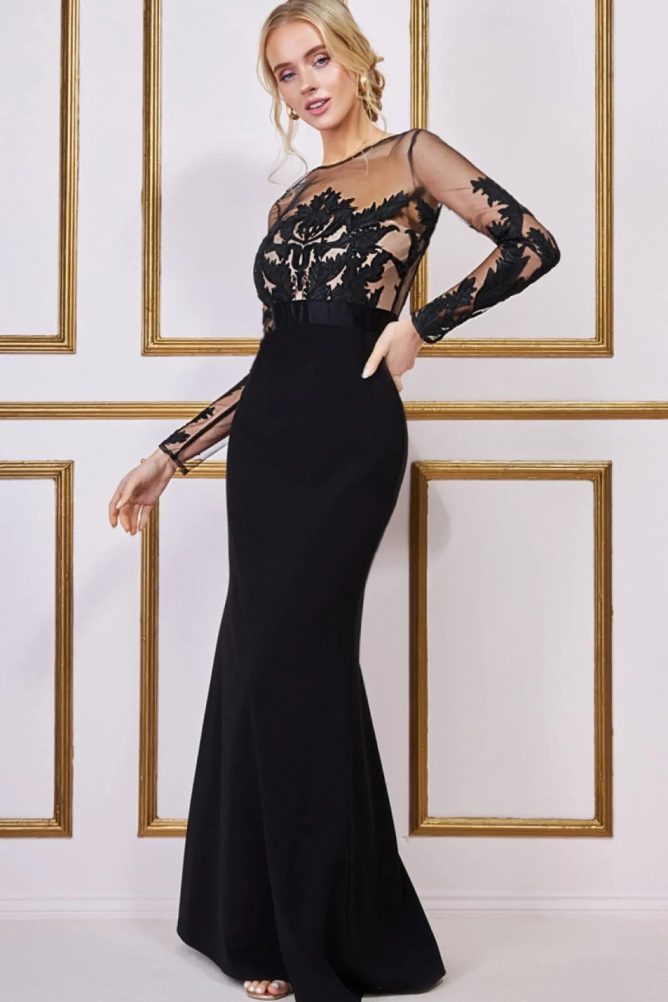Maxi Dresses^* Embroidered Mesh & Scuba Maxi Black