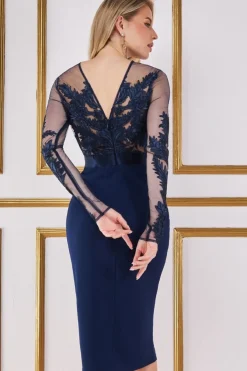 Midi Dresses^* Embroidered Mesh & Scuba Midi Dress Navy