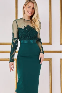 Midi Dresses^* Embroidered Mesh & Scuba Midi Dress Green Emerald