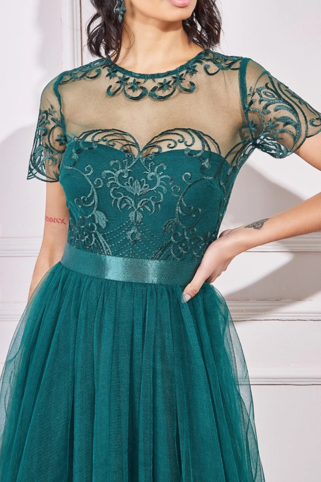 Maxi Dresses^* Embroidered Mesh Maxi Dress Emerald Green