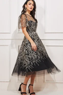 Midi Dresses^* Embroidered Mesh Midi Dress Black