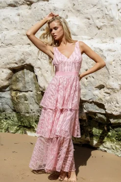 Midi Dresses^* Embroidered Mesh Tiered Midi Dress Pink