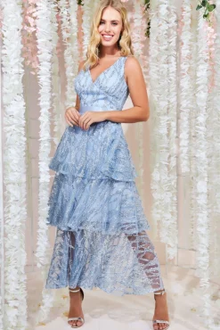Midi Dresses^* Embroidered Mesh Tiered Midi Dress Blue