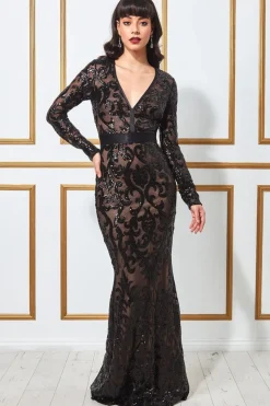 Maxi Dresses^* Embroidered Sequin & Mesh Maxi Dress Black