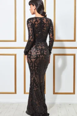 Maxi Dresses^* Embroidered Sequin & Mesh Maxi Dress Black