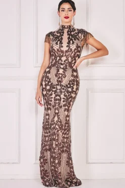 Maxi Dresses^* Embroidered Sequin Beaded Cap Sleeve Maxi Brown
