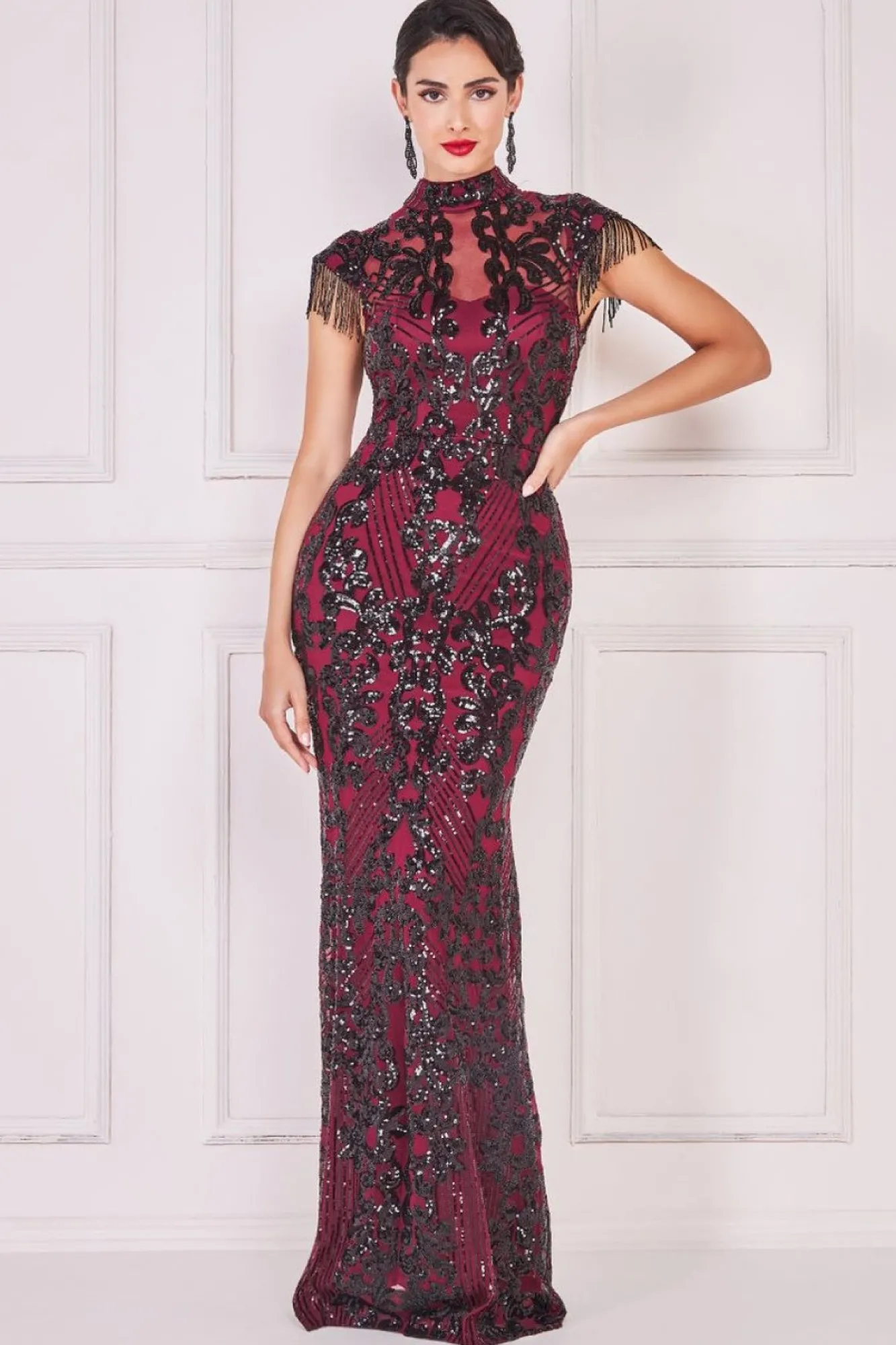 Maxi Dresses^* Embroidered Sequin Beaded Cap Sleeve Maxi Burgundy