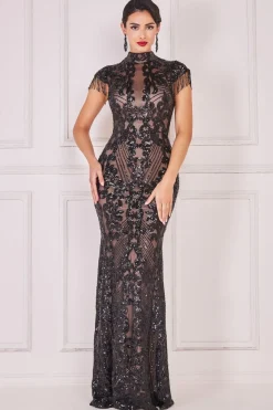 Maxi Dresses^* Embroidered Sequin Beaded Cap Sleeve Maxi Black