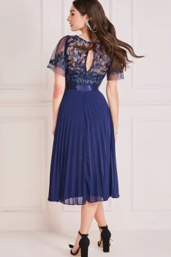 Midi Dresses^* Embroidered Top Chiffon Pleated Midi Navy