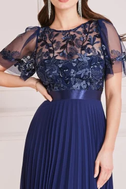 Midi Dresses^* Embroidered Top Chiffon Pleated Midi Navy
